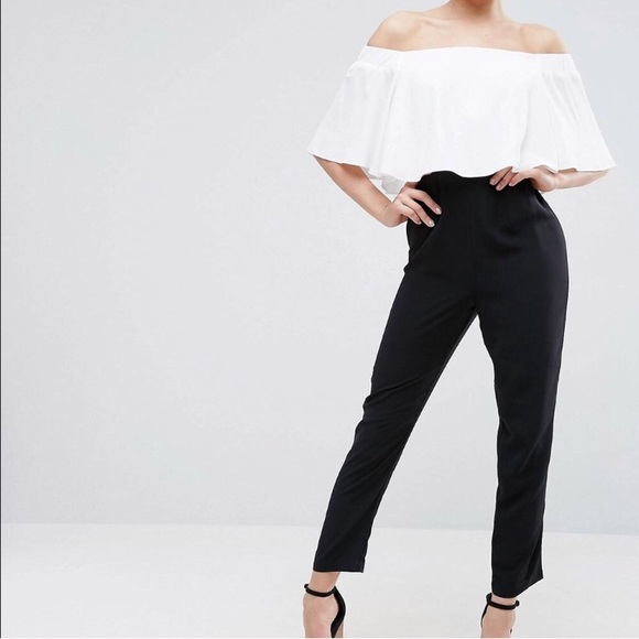 black and white off the shoulder jumpsuit